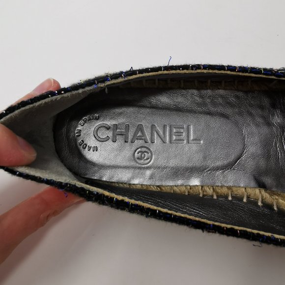 CHANEL Tweed Blue Metallic Bronze Cap Toe Espadrilles Flats - Picture 4 of 8
